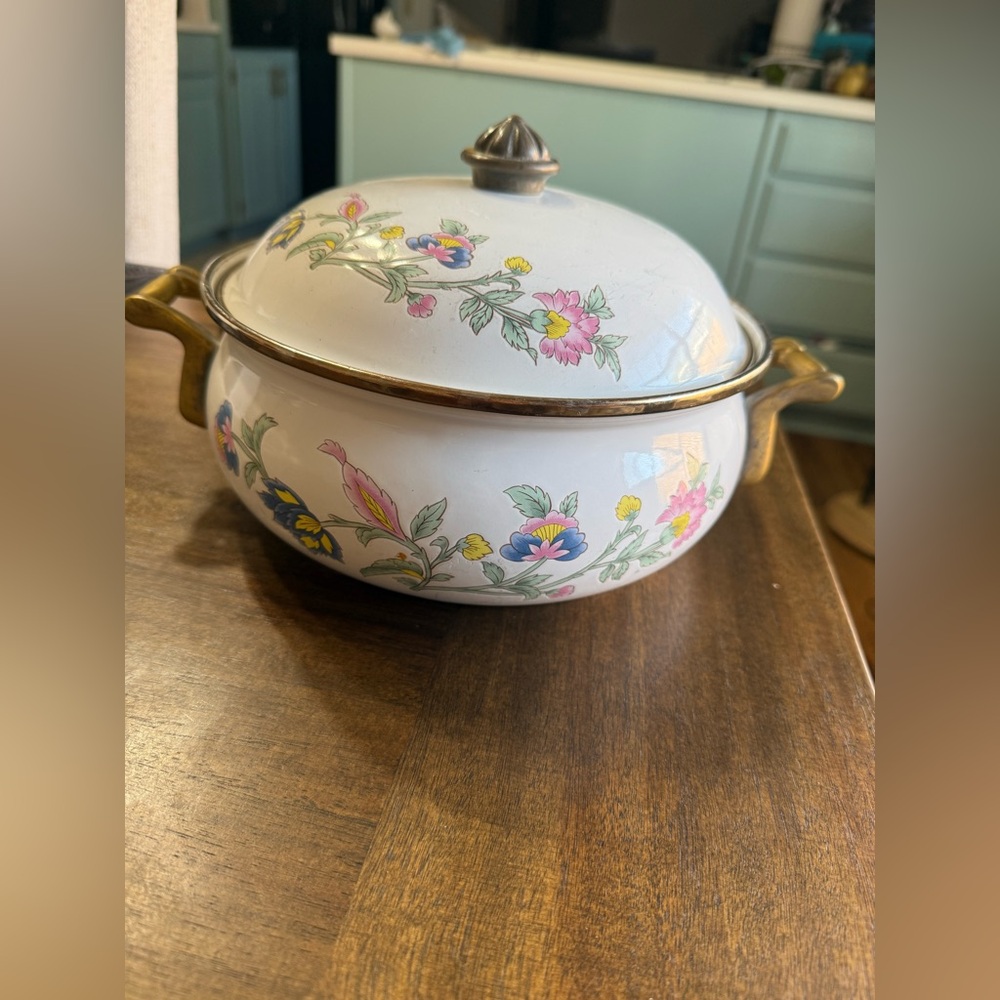 Beautiful Vintage French Brass And Enamel Pan with Lid Floral